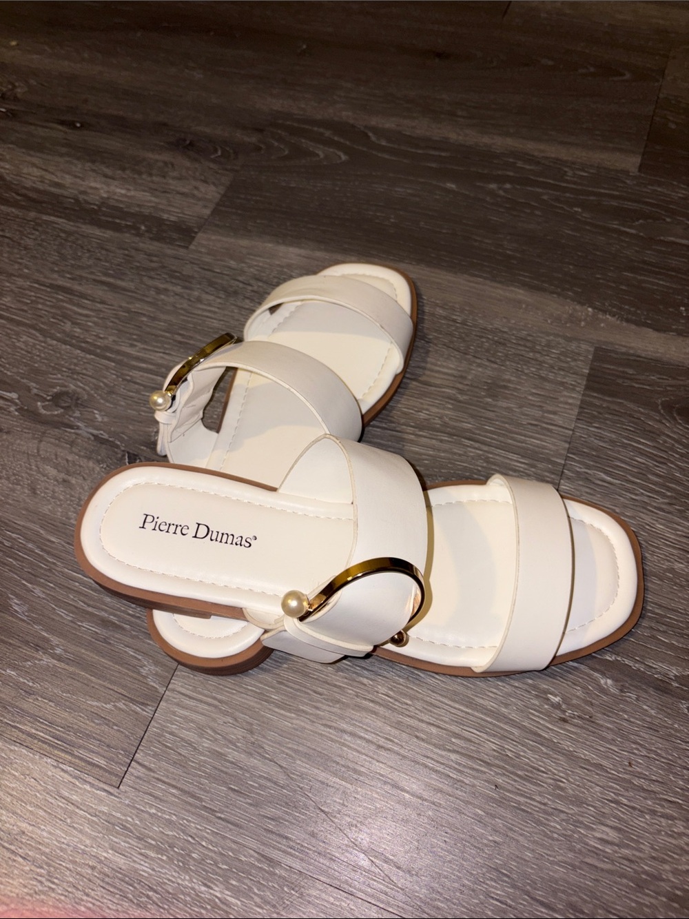 Pierre Dumas Cream Slide Sandals with Gold Ring Detail